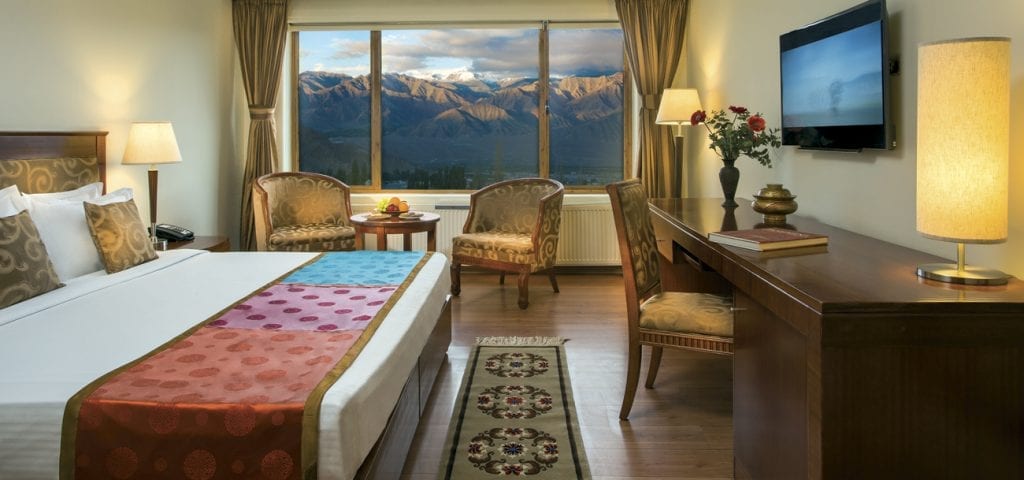 View of Stok Kangri mountain from bedroom at GDL
