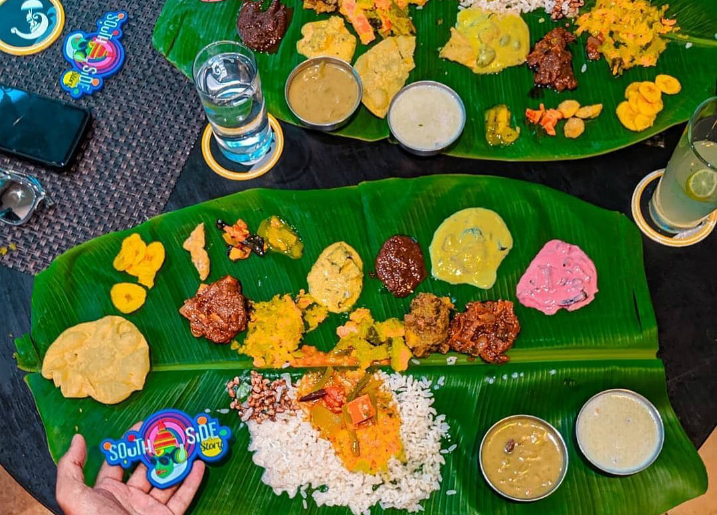 south indian meals in banana leaf