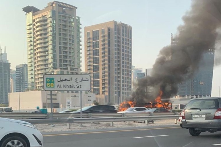 Bus Catches Fire On Dubai’s Al Khail Street, No Casualties Reported