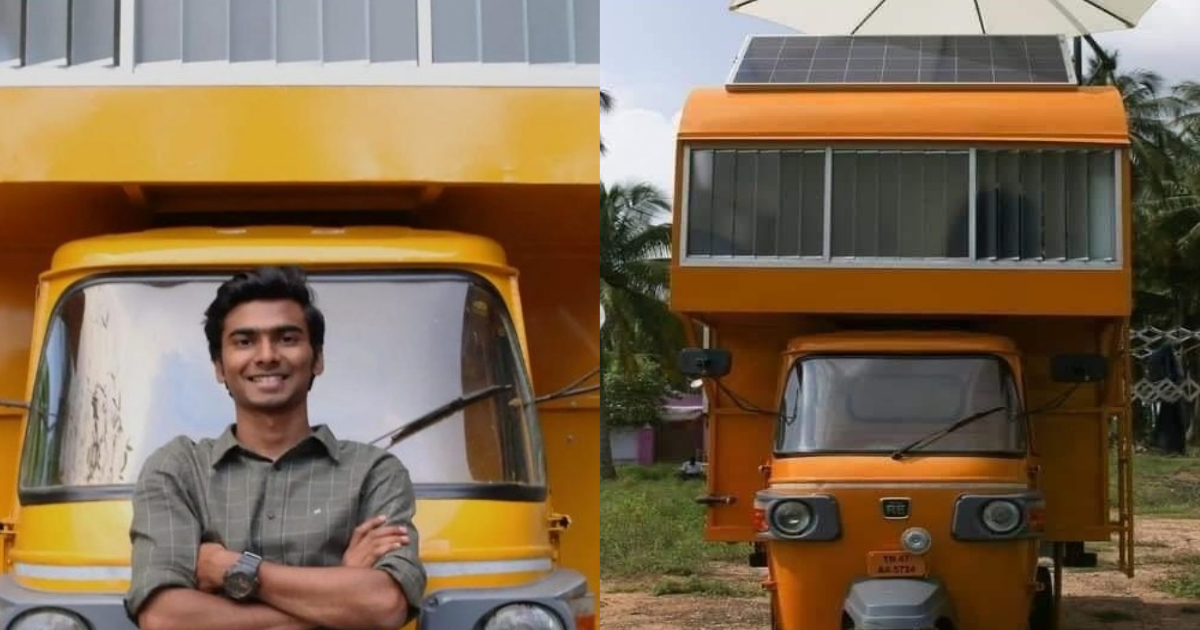 Tamil Nadu Man Builds Solar Powered House On An Autorickshaw With Kitchen & Toilet