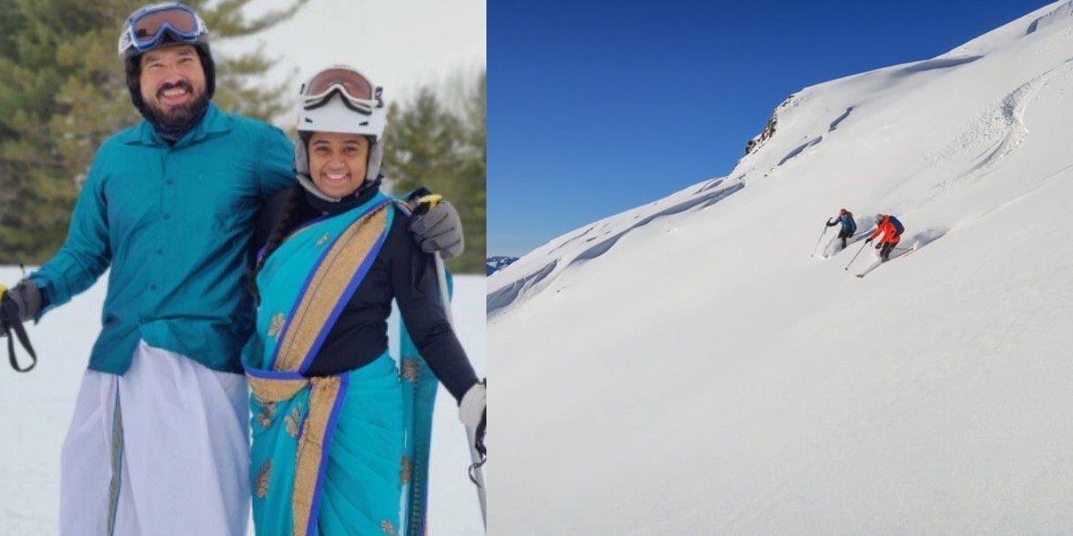 NRI Couple Go Skiing In The US Wearing Saree & Dhoti; Go Viral On Social Media
