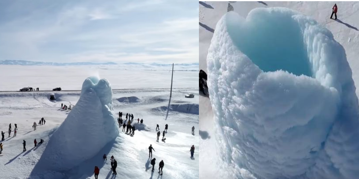 Breathtaking 45-Feet Tall Ice Volcano Forms In Kazakhstan From Underwater Spring