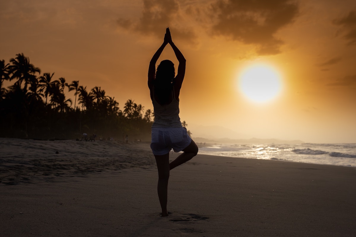Yoga vricshasana pose black silhouette on sunset Vector Image