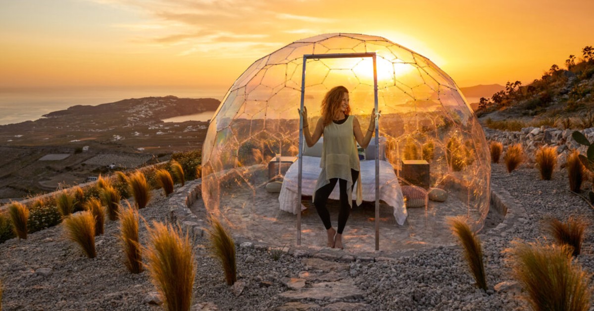Santorini’s Highest Point Gets A Magical Sky Dome With Cosy Bed & LED Lights For Watching Sunsets