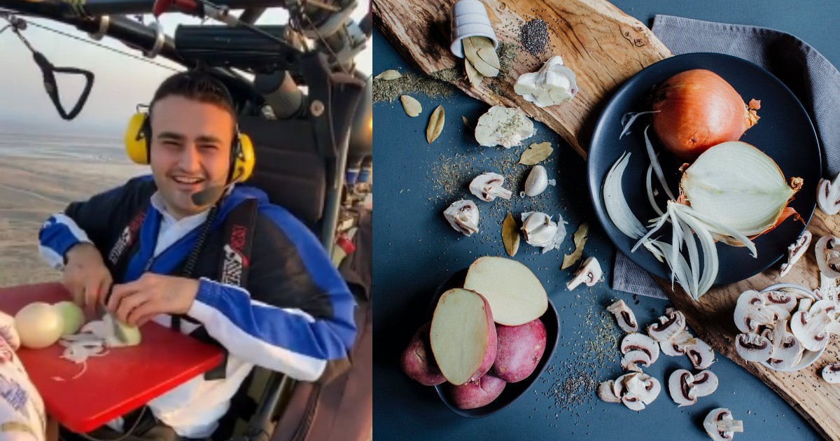 turkish chef chops onions while para-motoring
