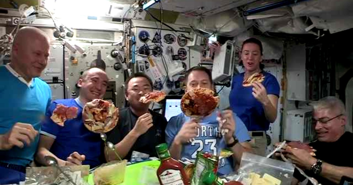 astronauts have floating pizza party