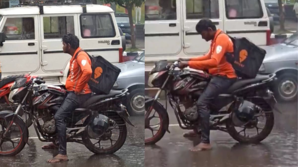 Video Of Swiggy Delivery Boy Braving Rain And Traffic Goes Viral
