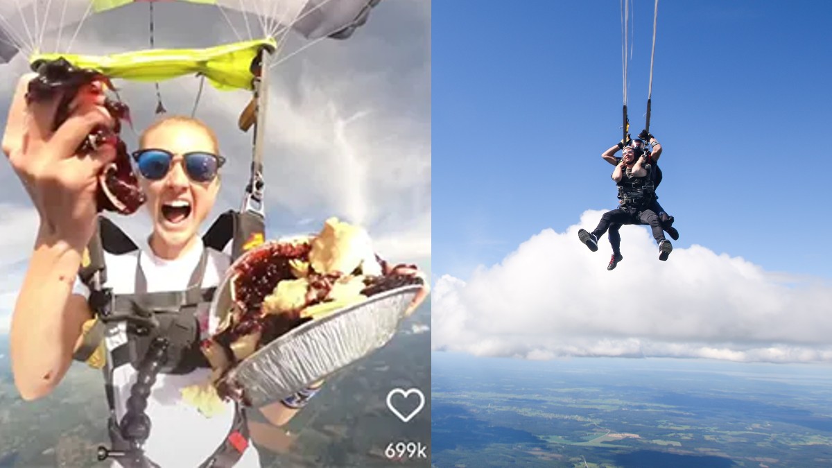Woman Eats Pie Mid-Air While Skydiving; Internet Shocked By Her Multitasking