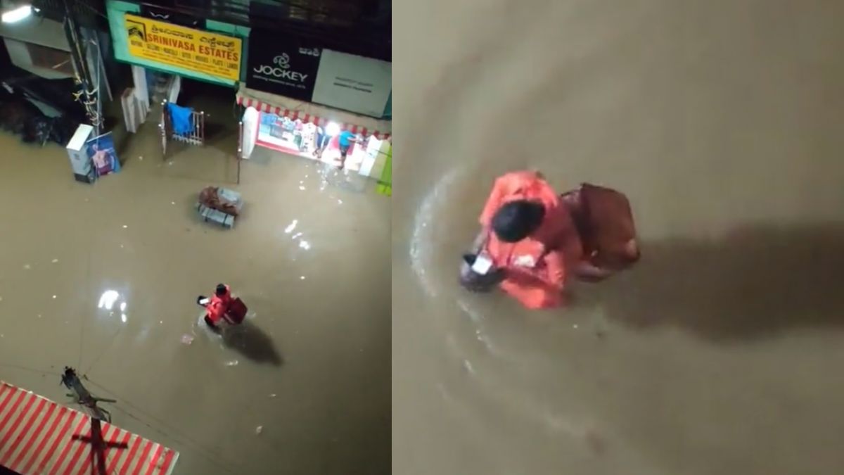 Zomato Delivery Man Rides Through Flooded Bengaluru Streets To Deliver Food Amid Pouring Rain