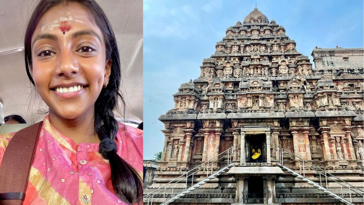 Charithra From Bridgerton 2 Visits Thanjavur Temple In Tamil Nadu; Relishes Local Food On Banana Leaf