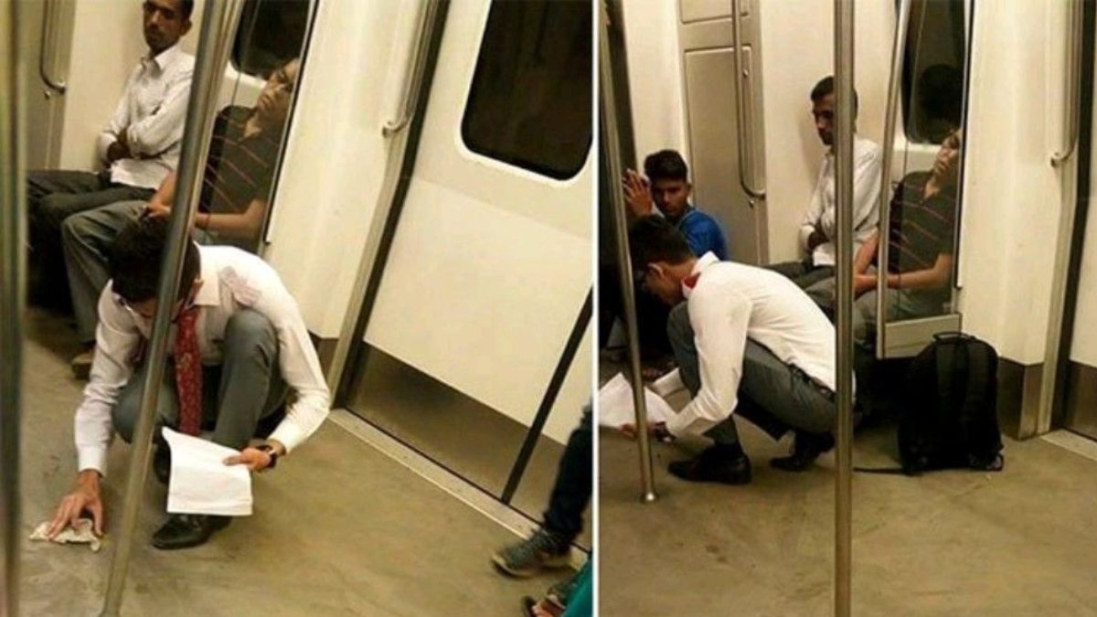 Netizens Are All Praises For This Young Boy Who Cleans Floor After Spilling Tiffin Inside Delhi Metro