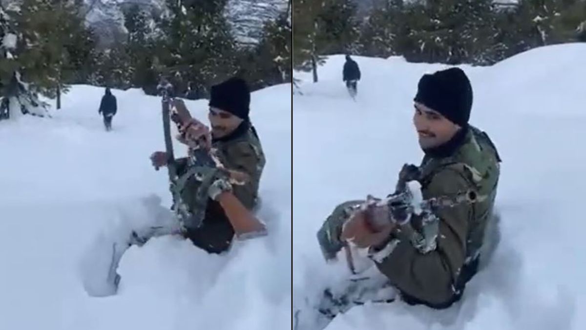 Indian Jawan Works His Way Through Waist-Deep Snow, Netizens Marvel At His Bravery