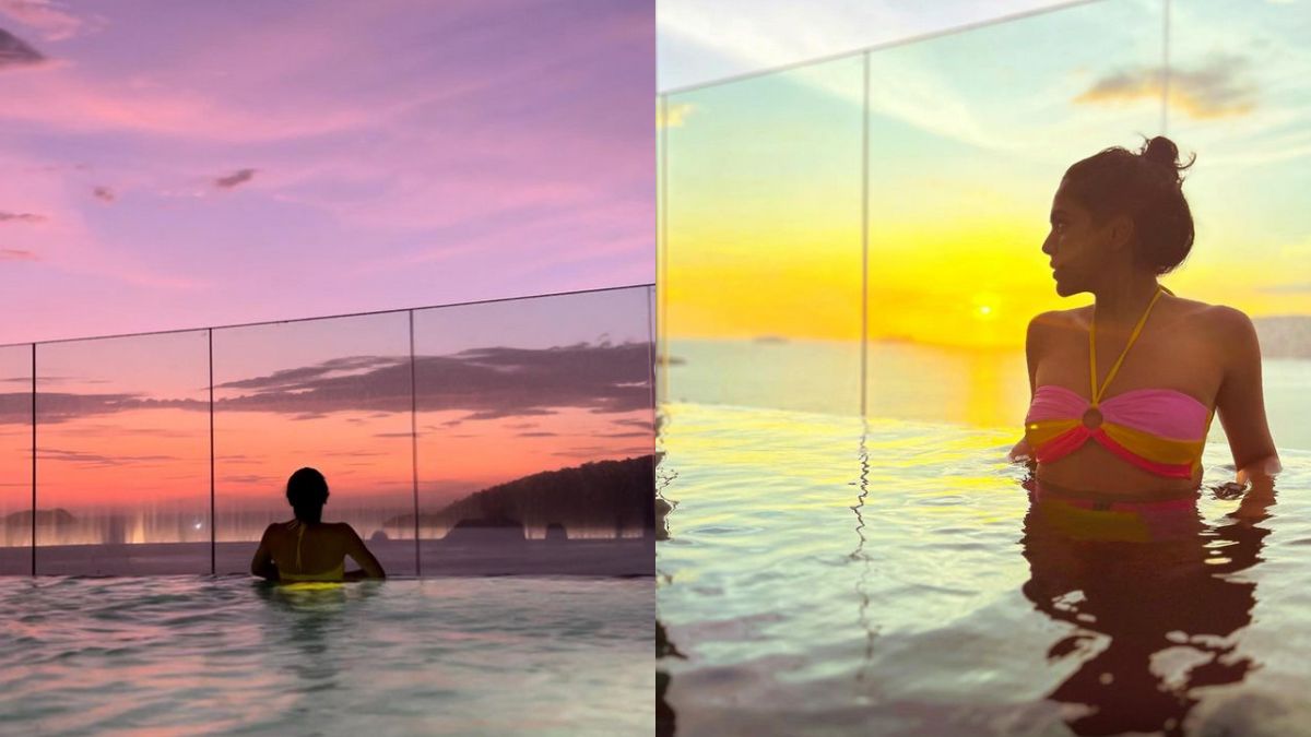 Shriya Pilgaonkar 和妈妈在无边际泳池中享受马来西亚日落； 分享暮光之城图片
