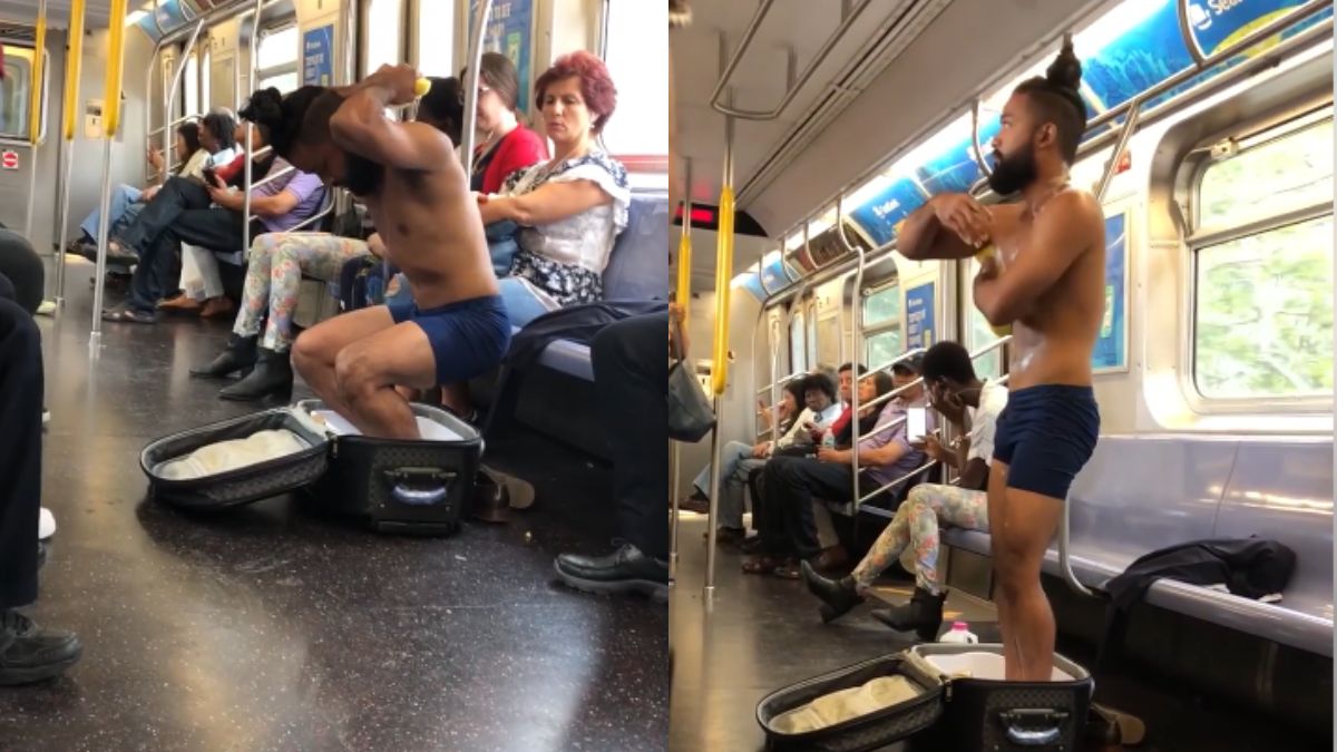 man bathing in NYC subway