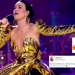 katy perry coronation gold dress Roars At Concert; Netizens Compare Her To Quality Street Toffee Wrapper Scoopneck