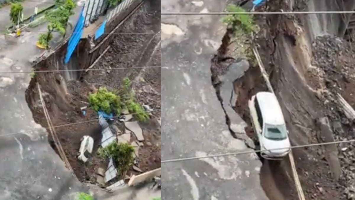 Massive Chunk Of Road Caves-In Chembur, Several Vehicles Get Trapped in The Pit