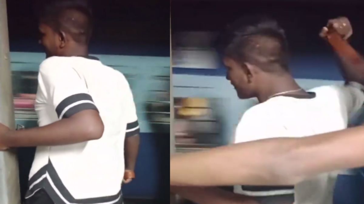 TW: Man Stands At Train Door & Hits Passengers On A Passing Train With Belt. Video!