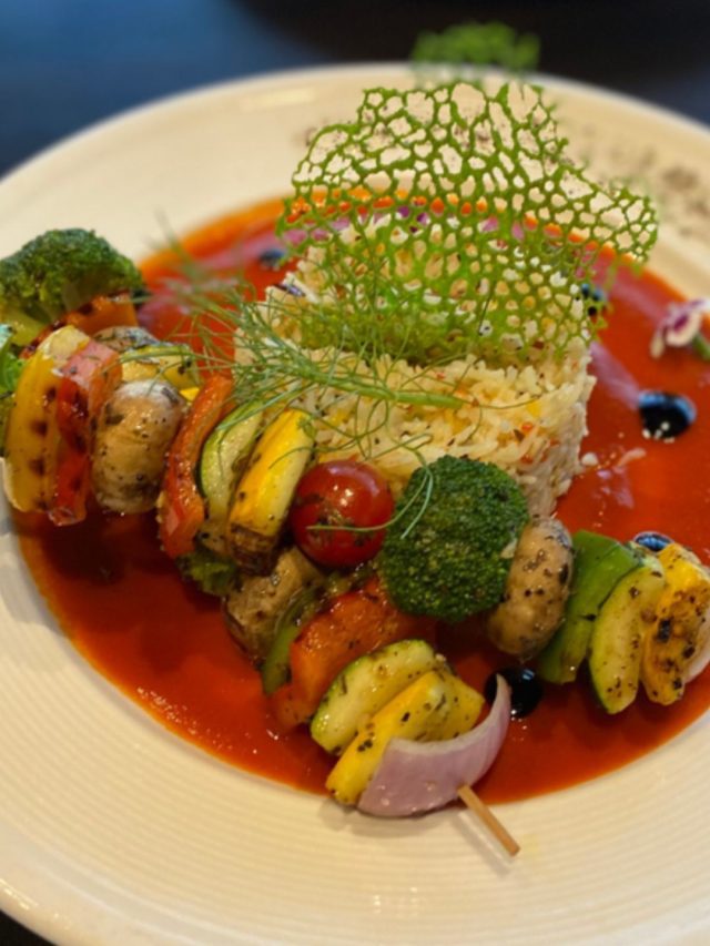 Veg Shashlik with Pilaf Rice and Smoked Tomato Culi 1