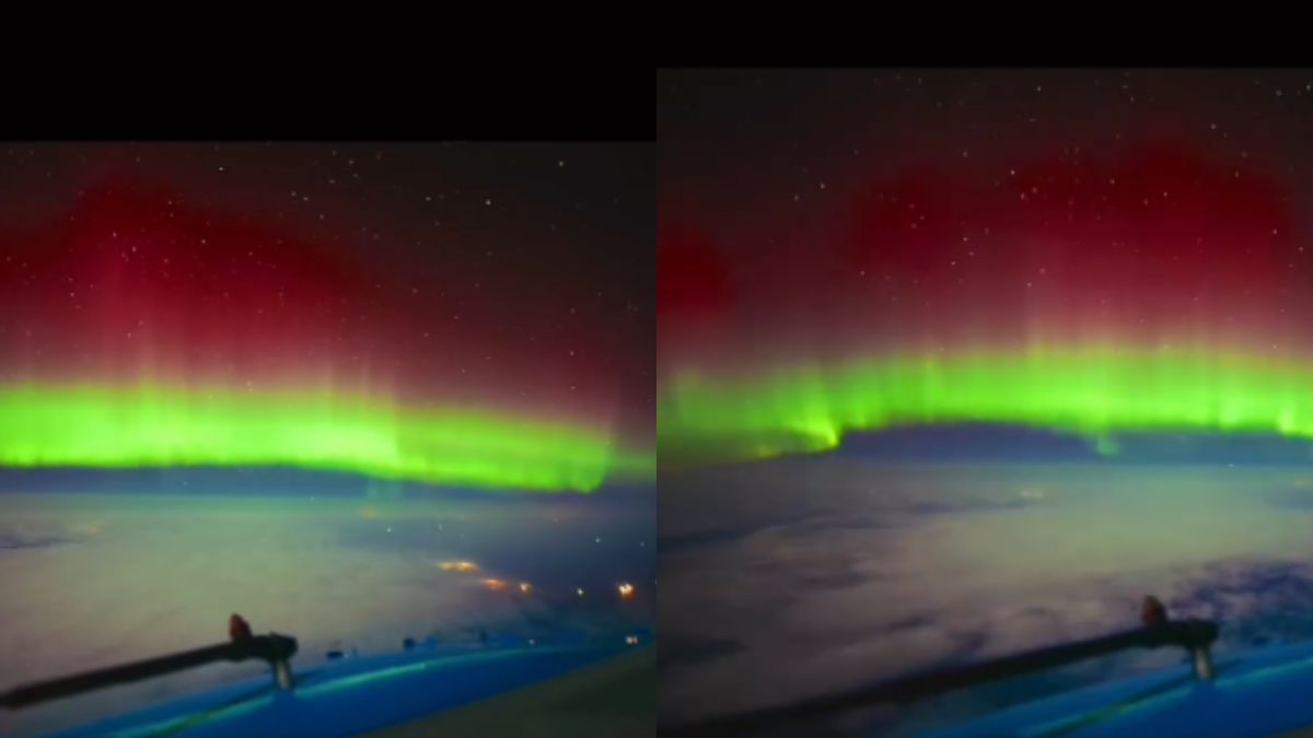 Pilot Captured A Stunning Red & Green Aurora Unfolding Above The Clouds Making Netizens Go ‘Wow!’