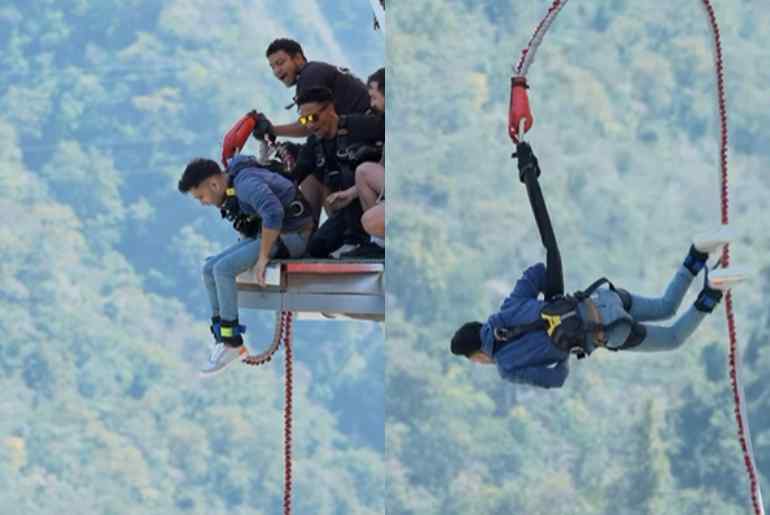 Wheelchair-bound man bungee jumps