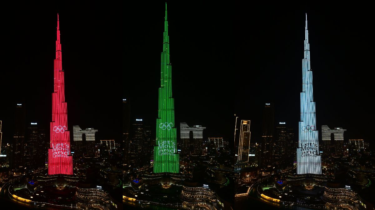 Burj Khalifa Lights Up In The Colours And Logo Of Olympic Games To Celebrate International Olympic Day In Dubai