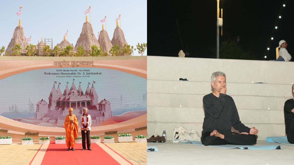 Indian EAM S Jaishankar Visits BAPS Hindu Mandir & Does Yoga In Abu Dhabi During His Official Visit