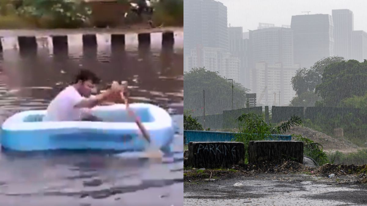Delhi Councillor Spotted Rowing Inflatable Pool On Road To Highlight Waterlogging Issue In The City
