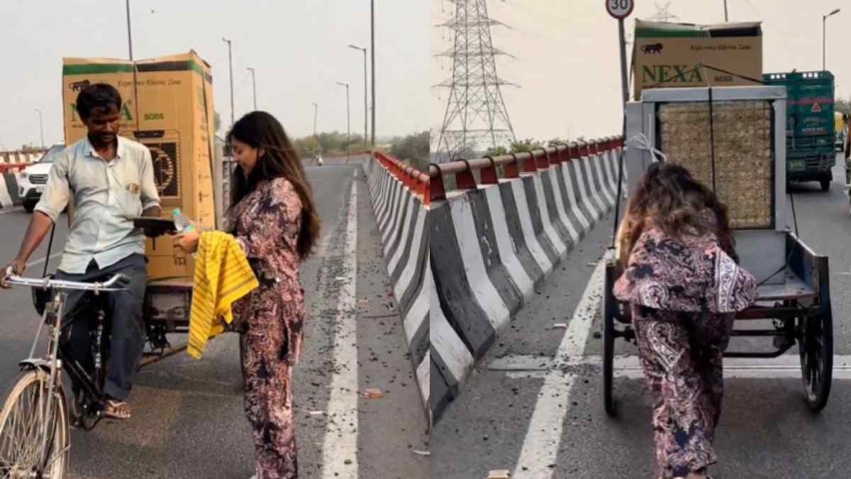 Woman Helps Rickshaw Puller Push Heavy Cart On Flyover; Netizens Slam Her For Overacting On Camera
