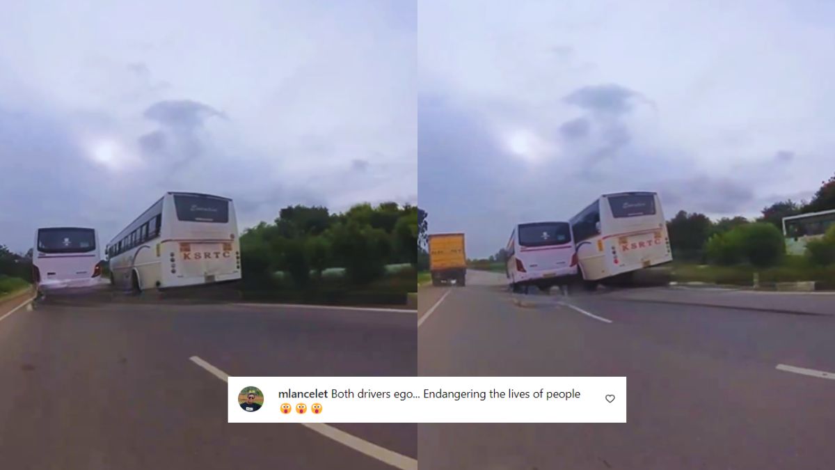 Bengaluru Motorist Captures Private Bus Recklessly Driving & Slamming Into A KSRTC Bus; Netizens: Both The Drivers Should Be In Jail