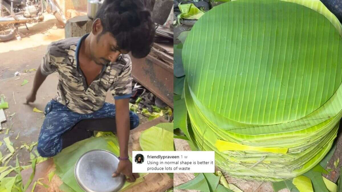 Man Uses Steel Plate To Make Circular Banana Leaf Plates; Netizens Highlight Leaves Getting Wasted In This Process