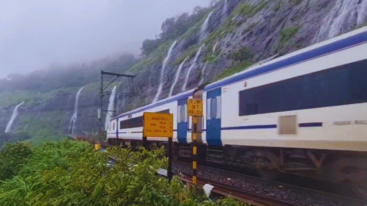 Monsoon Magic: Video Captures Vande Bharat Crossing Waterfalls Near Bhor Ghat Between Lonavala & Karjat
