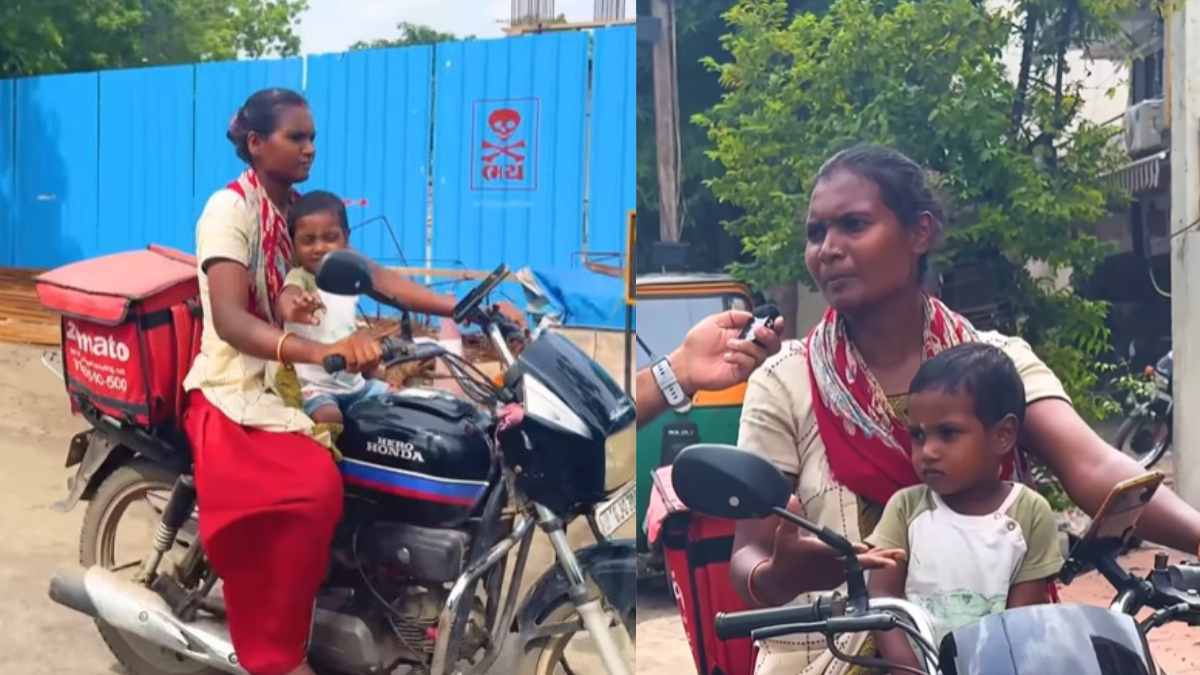 Inspiring! Female Food Delivery Agent Riding A Bike With Her Child In Gujarat Has Netizens Saluting Her 