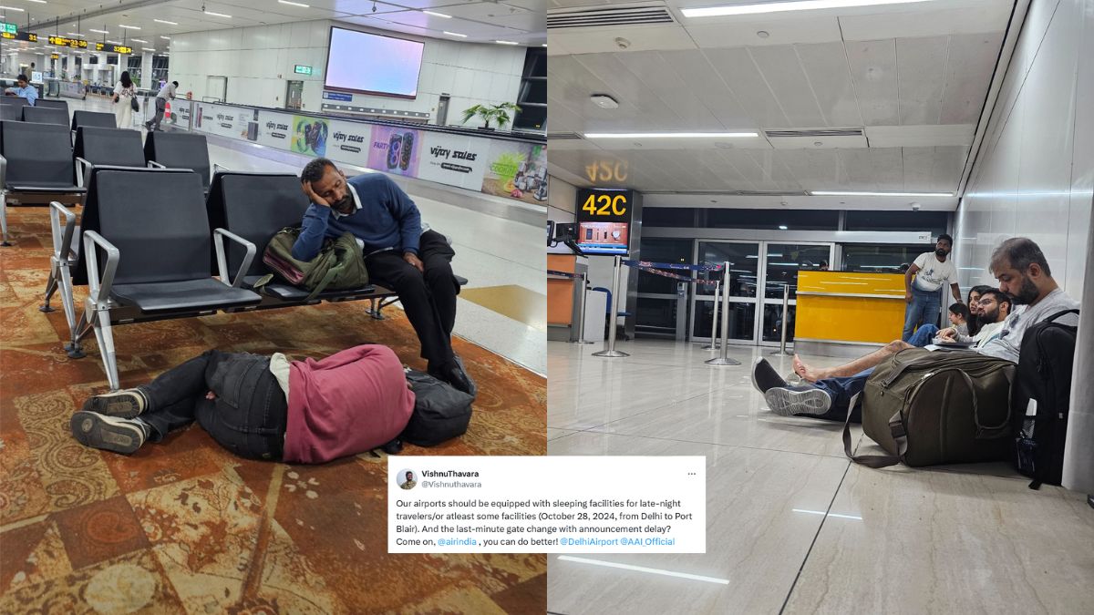 X User Highlights Lack Of Comfortable Seating & Sleeping Facilities At Delhi Airport; Shares Pics Of Passengers Sitting On Floor