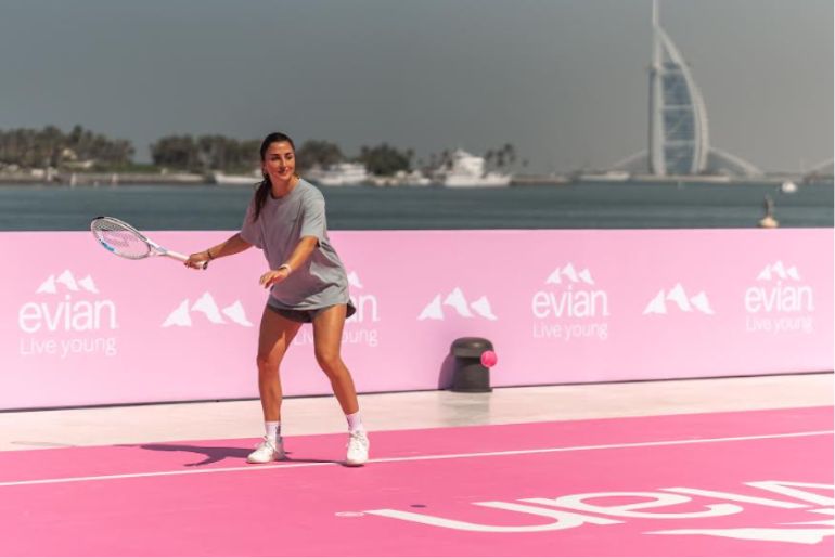 Pink floating tennis court