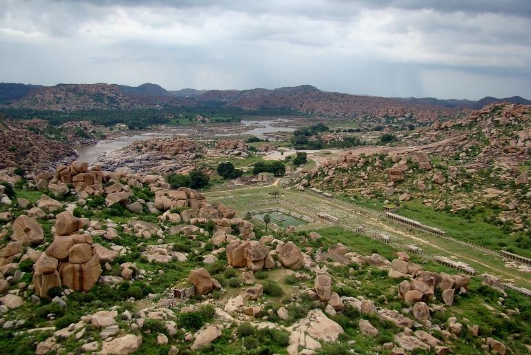 The ruins of Vijaynagar empire in the boulder strewn landscape of Hampi shows an Indian heritage site