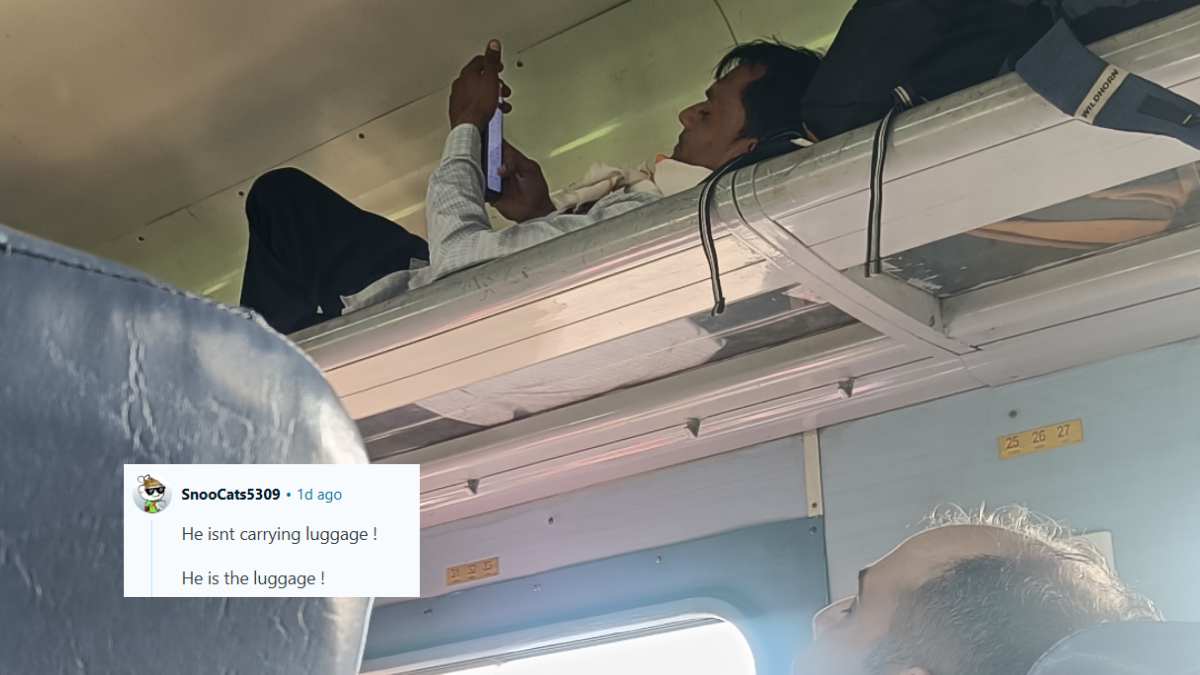 “He Is The Luggage,” Netizens Amused To See Passenger Cosily Lying On Train’s Luggage Rack In Viral Post