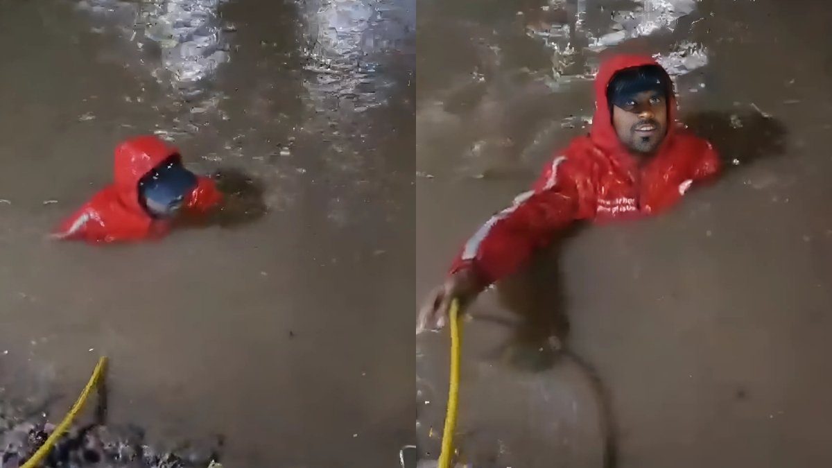 Hyderabad Zomato Rider Falls Neck-Deep Into Open Drain Amid Heavy Rains; Sparks Outcry
