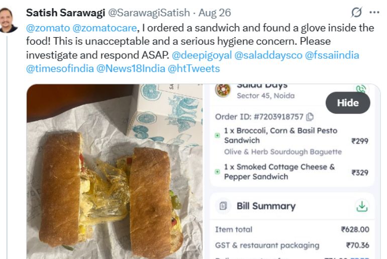 Plastic in sandwich zomato