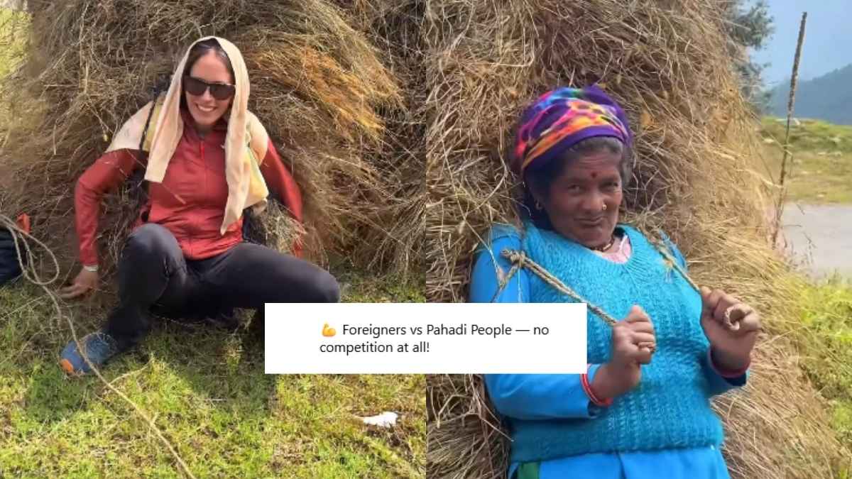 Foreign Influencer Humbled By Pahadi Woman Effortlessly Lifting 40kg Of Grass; Says “No Competition At All”