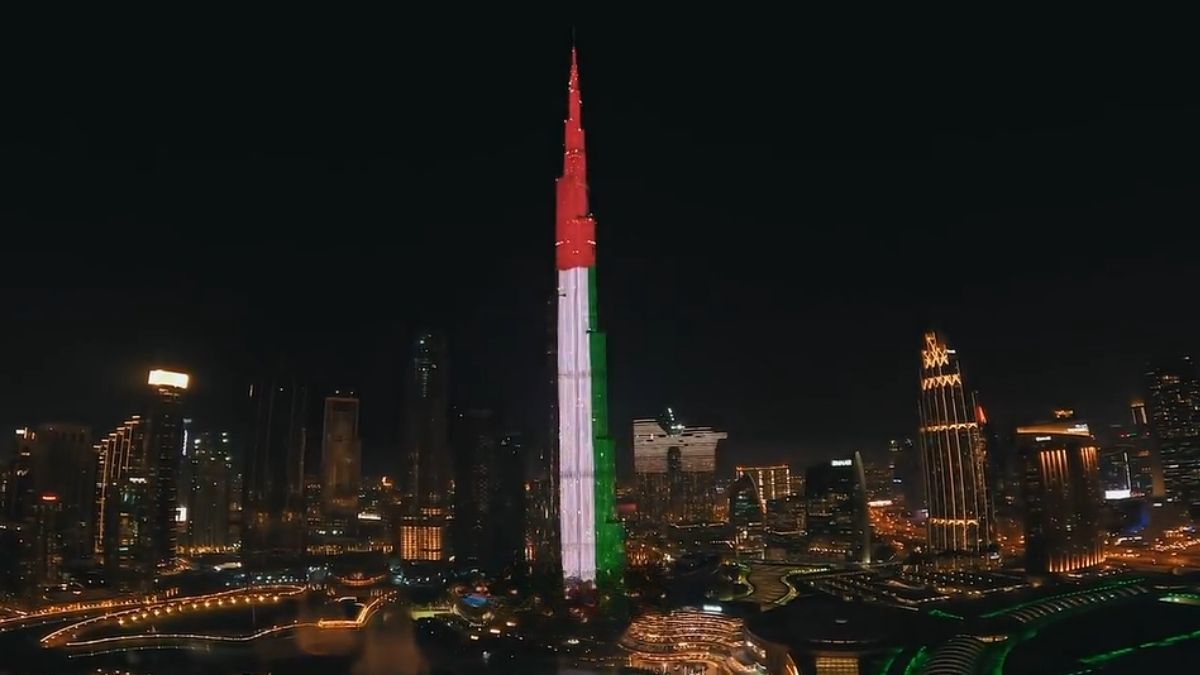 Burj Khalifa Lit Up In UAE Flag Colours To Celebrate The 54th Eid Al Etihad