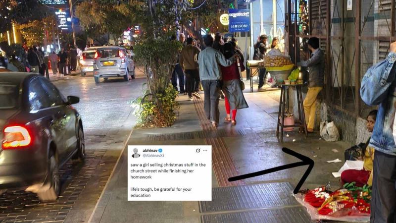 “Life’s Tough, Be Grateful,” Bengalurean Man’s Post Shows Girl Studying & Selling Christmas Decor