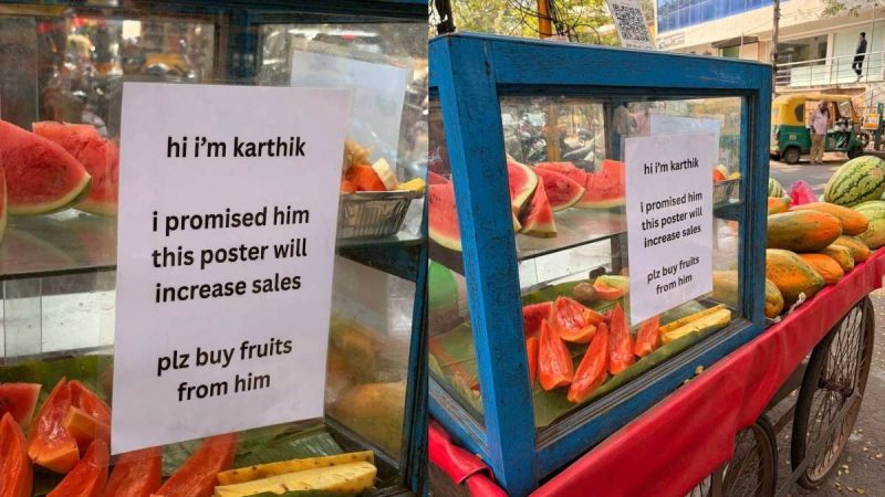 Bengaluru Fruit Cart’s Funny Note Wins Hearts; Turns Into Viral “Peak Bengaluru Moment”