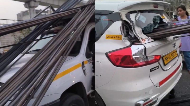 Brutal Maharashtra Accident: Iron Rod From Pickup Vehicle Smashes Into Car; Video Goes Viral