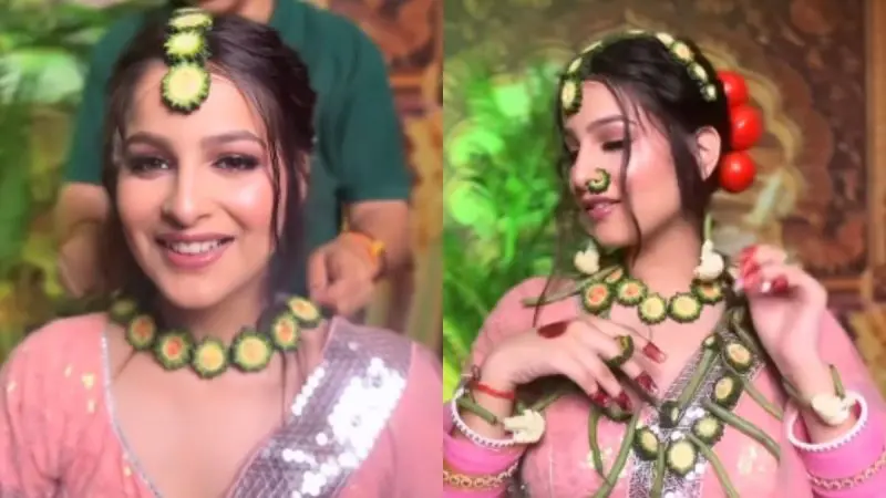 No Gold? Bride Wears Jewellery Made Of Karela, Beans & Tomatoes After PM Modi’s Appeal