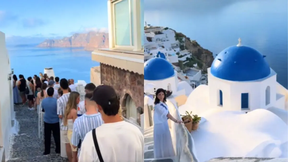 “World’s Most Beautiful Place Or Bathroom Line?” Santorini Tourist Queue At 7 AM Sparks Debate