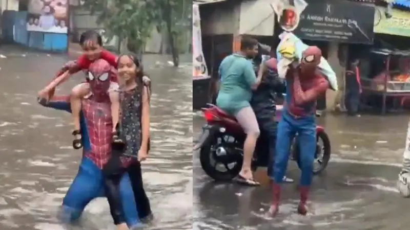Watch: Spiderman To The Rescue! Bhiwandi’s Flooded Road Has A Superhero Helping Children & Commuters