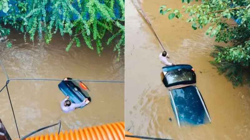 Watch: Pune Man Risks Safety To Save His Car In Floodwaters; Clings To It Until It’s Safe