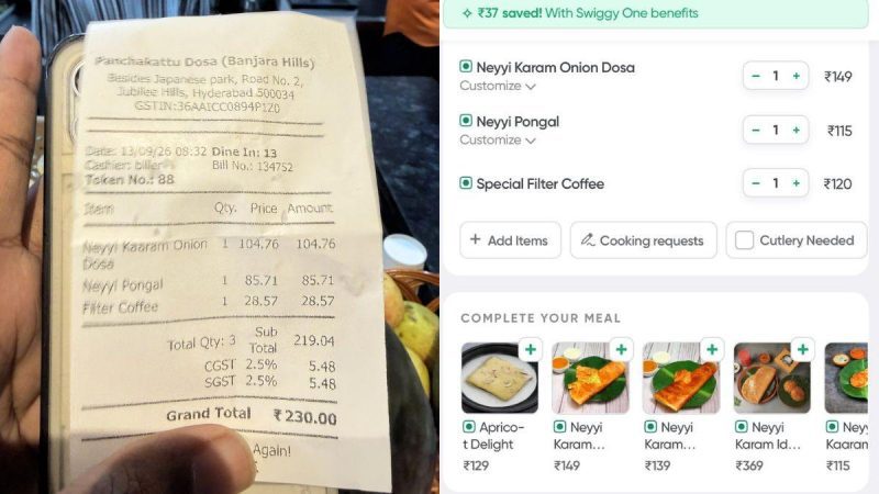₹230 At A Restaurant, ₹436 On Swiggy; Hyderabad Man Compares Prices For Same Meal, Netizens React