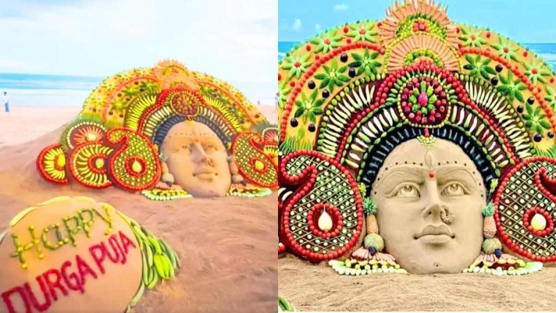 Durga Puja 2026: Sand Artist Creates Maa Durga Artwork At Puri Beach With 32 Fruits & Vegetables